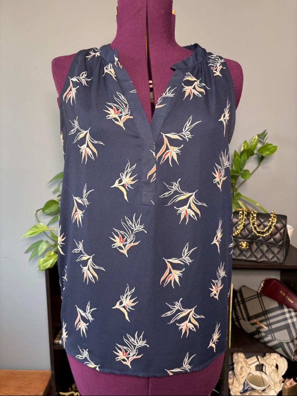 Alice Blue Navy Floral Sleeveless Top with Cream and Coral Accents